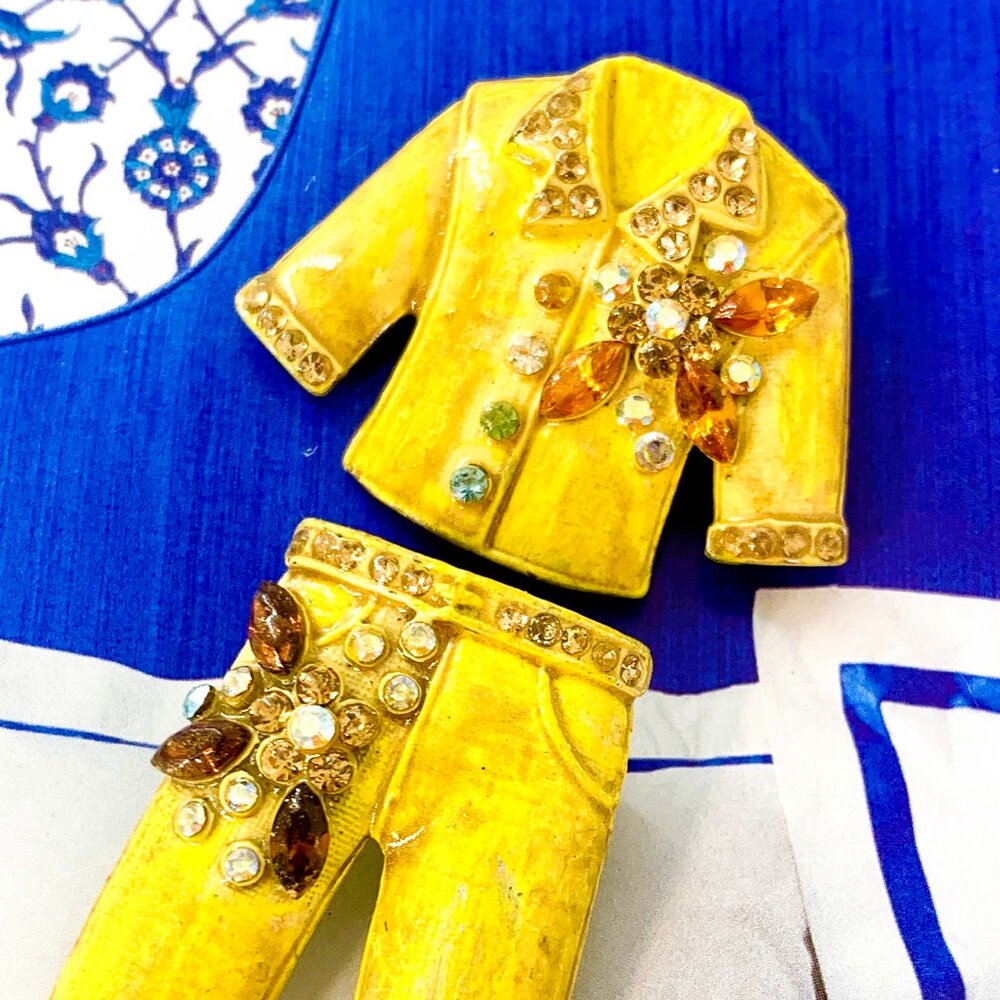 Vintage Shirt/Pants Set Yellow Enamel/Gemmed Multicolor Gold Tone Pins